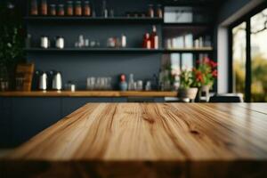 Blurred kitchen room complements the wooden table in a modern interior AI Generated photo