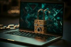 Tamper resistant laptop and padlock symbolize vigilance in work safety AI Generated photo