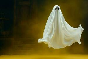 Flying ghost in a white sheet, minimal spooky Halloween scene AI Generated photo