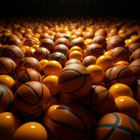 pelotas de baloncesto esencia, un cautivador Deportes antecedentes ilustración para social medios de comunicación enviar Talla ai generado foto
