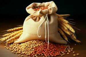 A clean white backdrop highlights the sacks wheat and legumes AI Generated photo