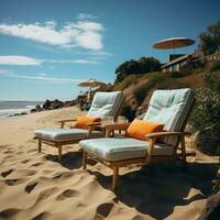 arenoso sillones reclinables coche postal salones en el playa oferta sosegado frente al mar relajación para social medios de comunicación enviar Talla ai generado foto