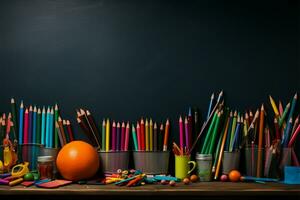 papelería artículos pulcramente arreglado en un pizarra para educativo utilizar ai generado foto