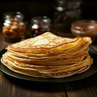 Plate of thin pancakes, close up on a wooden background For Social Media Post Size AI Generated photo