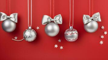 Christmas background with silver baubles and silver bows on red background AI Generated photo