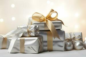 Gift boxes with golden bow on bokeh background AI Generated photo