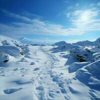 Hillside journey Snow covered footprints trace human climb amid serene snowy terrain For Social Media Post Size AI Generated photo