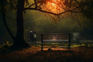 In solitude, a couple shares an isolated bench in mystical nature AI Generated photo