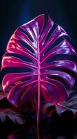 Glowing purple neon light transforms monstera leaf into a 3D masterpiece Vertical Mobile Wallpaper AI Generated photo