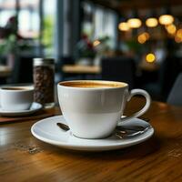 aromático café en un blanco taza en un de madera mesa, empresario para social medios de comunicación enviar Talla ai generado foto