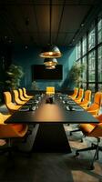 Stylish boardroom black table, swivel chairs, flat screen TV, mustard curtains Vertical Mobile Wallpaper AI Generated photo