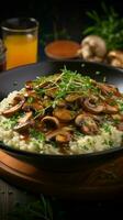 Mouthwatering mushroom risotto served elegantly on a rustic wooden table Vertical Mobile Wallpaper AI Generated photo