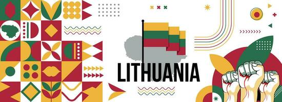 Lithuania national or independence day banner for country celebration. Flag and map of Lithuania with raised fists. Modern retro design with typorgaphy abstract geometric icons. Vector illustration.