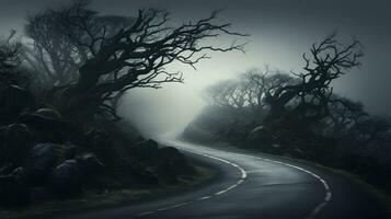 Scary forest road in the mist AI Generated photo