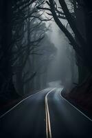 Road in the foggy forest with trees in the background AI Generated photo