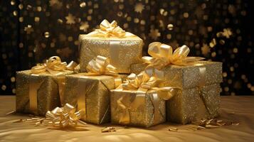 regalo cajas con dorado cintas en un oro antecedentes con bokeh ai generado foto