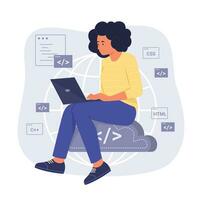 programador mujer sentado en nube informática símbolo y proceso codificación para software desarrollo concepto ilustración vector