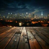 Noche atmósfera de madera mesa con ciudad edificios suavemente borroso en el fondo para social medios de comunicación enviar Talla ai generado foto