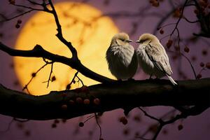 Lovebirds in silhouette, perched on a tree branch, share affection AI Generated photo