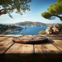 Horizon connection Wooden table against blurred sea island and tranquil blue sky For Social Media Post Size AI Generated photo