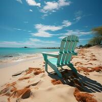 Shoreline relaxation Beach chairs on white sand under sunny blue skies For Social Media Post Size AI Generated photo