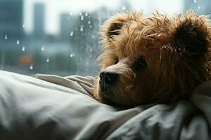 osito de peluche oso descansa solo, lluvia rayado ventana, un tranquilo capullo ai generado foto