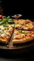 Hot Italian pizza with stretching cheese, basil slice Vertical Mobile Wallpaper AI Generated photo