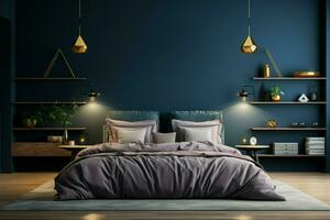 Dark themed bedroom with a bold dark blue wall, presented mockup AI Generated photo