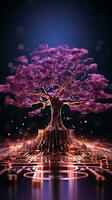 Dark background with 3D circuit tree in pink and purple Vertical Mobile Wallpaper AI Generated photo