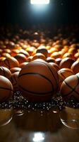 deportivo seducir, ilustración capturas pelotas de baloncesto cautivador esencia en antecedentes vertical móvil fondo de pantalla ai generado foto