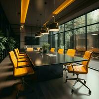 Stylish boardroom black table, swivel chairs, flat screen TV, mustard curtains For Social Media Post Size AI Generated photo