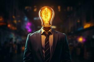 A lightbulb in a suit with fiery background radiates entrepreneurial brilliance AI Generated photo