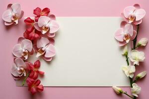 Message in petals White paper framed by orchids on pink AI Generated photo