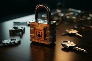 The common padlock is purposefully left open on the table AI Generated photo