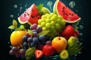 Vibrant fruits, including watermelon, cherries, grapes, and lemon, incorporated into a games logo and 3D icons AI Generated photo