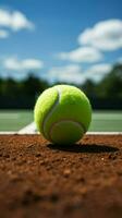 tenis juego en Progreso en un verde Corte con un pelota vertical móvil fondo de pantalla ai generado foto