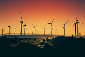 Under construction wind turbines create dramatic silhouettes in the offshore expanse AI Generated photo