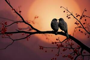 Lovebirds find solace on a tree branch, silhouetted in unity AI Generated photo