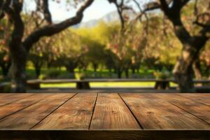 Blurred park background complements the presence of the wooden table AI Generated photo