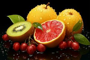 Authenticity shines as dew kissed tropical fruits glisten under the night AI Generated photo