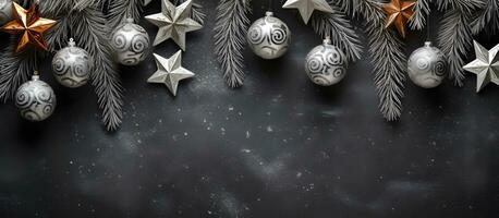 Navidad saludo tarjeta. festivo decoración en negro antecedentes ai generado foto