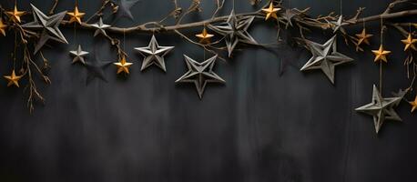 Christmas and New Year background. Festive decoration on black wooden background AI Generated photo