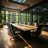 Sophisticated boardroom design large black table, plush brown chairs, TV For Social Media Post Size AI Generated photo