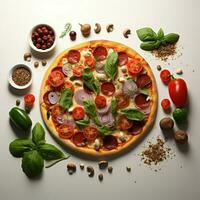 A minimalist view of tasty pizza ingredients, crisply isolated on white For Social Media Post Size AI Generated photo