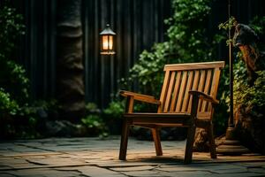 un tranquilo de madera silla, el Perfecto Mancha a relajarse en medio de difuminar ai generado foto