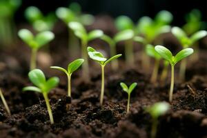 nuevo vida emerge desde suelo lleno células en el plantando bandeja ai generado foto