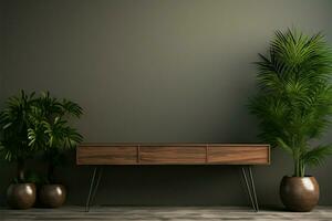 A sideboard, plants, and an empty brown wall in 3D AI Generated photo