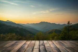 Wooden table with a picturesque sunset sky and mountains in the background AI Generated photo