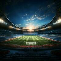 fútbol arena en 3d, un prestados estadio con un concurrido campo para social medios de comunicación enviar Talla ai generado foto