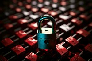 Colorful array of locked padlocks, one distinctively vibrant in red AI Generated photo